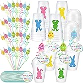 Willinglong 24 Sets Easter Plastic Cups with Lids and Spiral Straws 16 oz Bunny Rabbit Clear Plastic Cups Reusable Easter Bunny Tea Coffee Party Tumbler with Cards for Holiday Drinkware Supplies