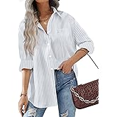 HOTOUCH Women Oversized Button Down Shirts Office Drop Shoulder Blouse Long Sleeve Boyfriend Dress Shirt with Pockets