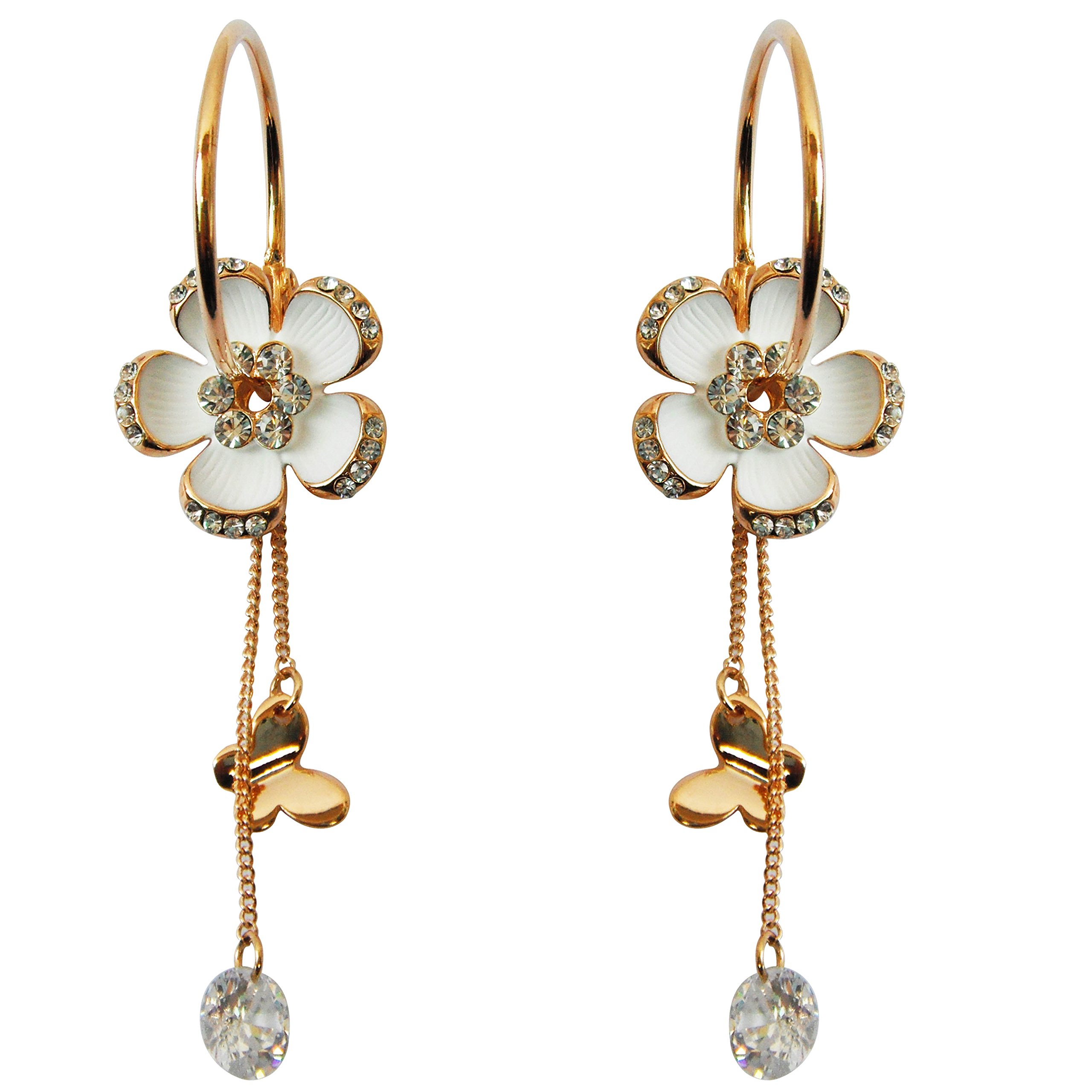 Navachi 18k Gold Plated White Enamel Flower Crystal Chain Clear Zircon Az1635e Hoop Earrings(dia. 2.5cm)