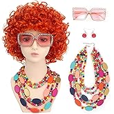 Nice Here Women Roper Curly Orange Red Cosplay Wig with Necklace Earrings and Sunglasses for Women Hallween Costume Wig