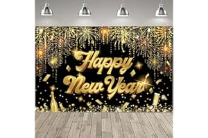 Happy New Year Backdrop 2026 New Year Party Decorations Banner Black and Gold Happy New Year's Eve Banner Glitter New Years B
