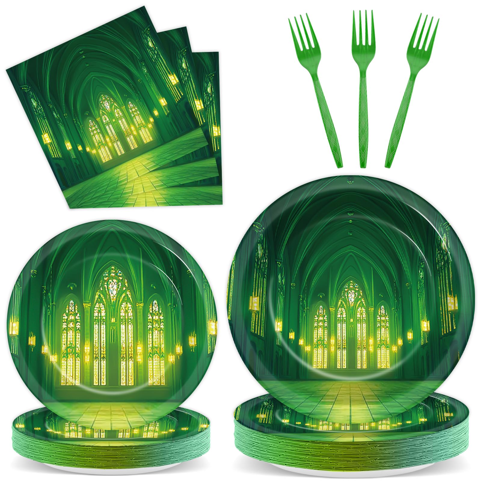 Photo 1 of 96Pcs Green Castle Paper Plates and Napkins Wonderland Theme Birthday Party Supplies Fairytale Movie Disposable Dinnerware Tableware Set for Princess Birthday Baby Shower Decorations Serve 24