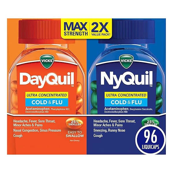 VICKS DAYQUIL & NYQUIL ULTRA CONCENTRATED LIQUICAPS CO-PACK, COLD & FLU MEDICINE, POWERFUL MULTI-SYMPTOM DAYTIME & NIGHTTIME RELIEF FOR HEADACHE, FEVER, SORE THROAT, MINOR ACHES & PAINS, & COUGH, 96CT