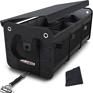 FORTEM Car Trunk Organizer, SUV Trunk Organizer, Car Storage Organizer, Collapsible Multi Compartment Car Organizer, Non Slip Bottom, Adjustable Securing Straps, Foldable Cover (3 Compartments, Black)