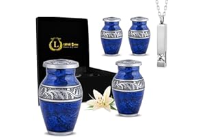 LIFAG Mini Urns for Human Ashes Set of 4 with Cremation Necklace, Velvet Box & Funnel | Small Urn for Ashes for Women & Men | Hand-Engraved Metal Blue Urn for Ashes Adult Male with Marble Finish - 3 Inches