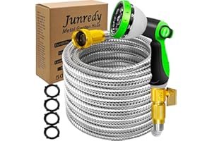 Junredy 50FT Stainless Steel Garden Hose, Heavy Duty Flexible Metal Water Hose with 10-Function Nozzle, Lightweight & No-Kink Garden Hose, Durable Solid Fittings for Lawn, Car, RV, Outdoor Watering