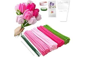 YYUENG TAK 200 pcs Pink Pipe Cleaner Flowers Craft kit for DIY Tulip Bouquet with tutoria,4 Colors(3 Pinks and Olive Green),Chenille Stem Flowers Craft with 12 pcs Green Floral Wires,Gardening Tape