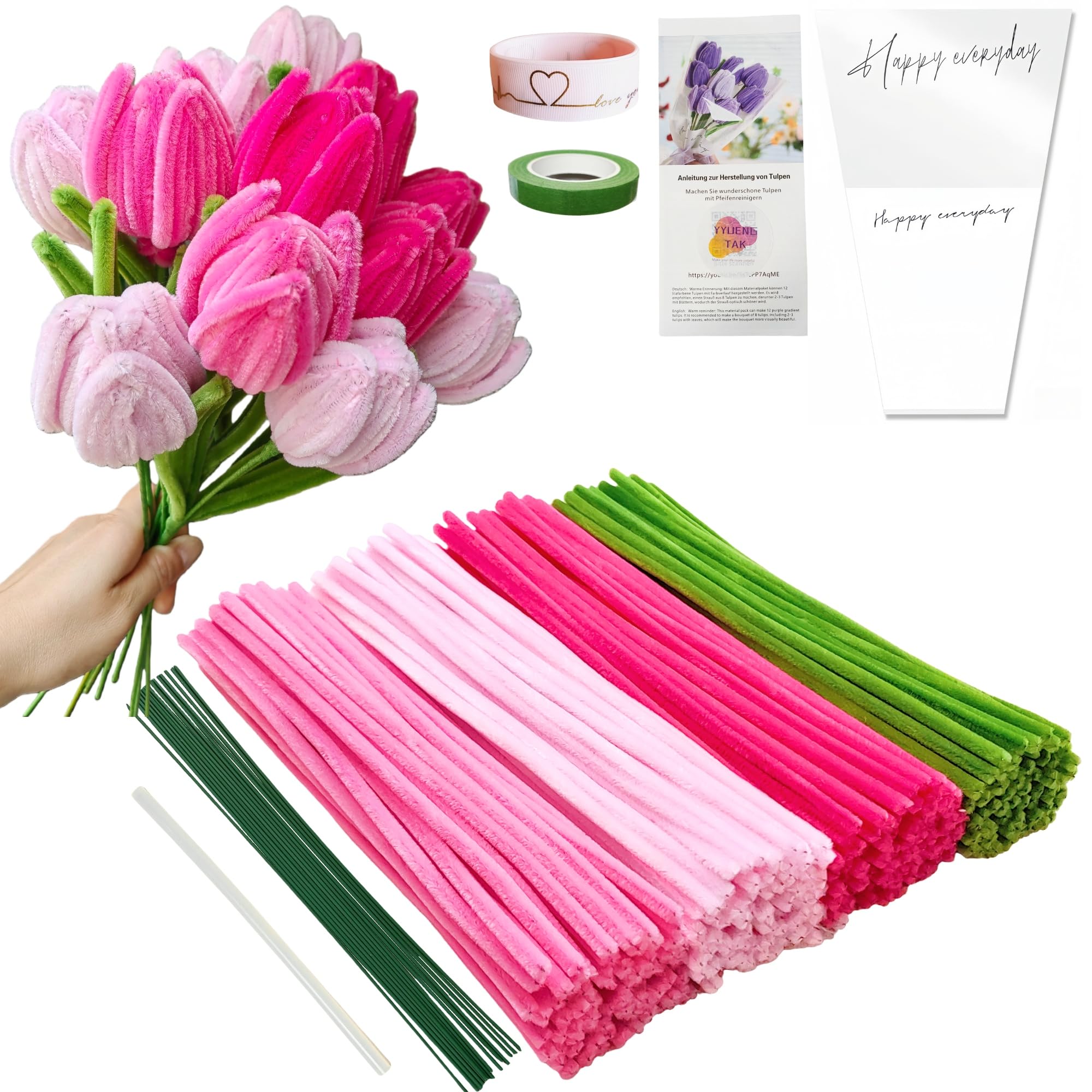 YYUENG TAK 200 pcs Pink Pipe Cleaners for Craft,Pipe Cleaners for Tulip Bouquet (4 Colors) with Instructions and 12 pcs Flower Stems,Flower Wrapping Paper,Ribbon,Tape,Chenille Stems DIY Arts & Crafts