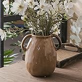 Sowlvenco Brown Ceramic Vase with 2 Handles for Modern Farmhouse Home Decor, Vintage Rustic Decorative Vases, Small Vase for Fresh and Dried Flowers, Centerpiece Table Decorations, 7 Inch