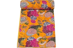 Marubhumi Quilts Indian Handmade Indian Traditional Blankets, Reversible, Jungle Print Vintage Kantha Quilt, Comforter, Yellow - King 90 x 108 Inches
