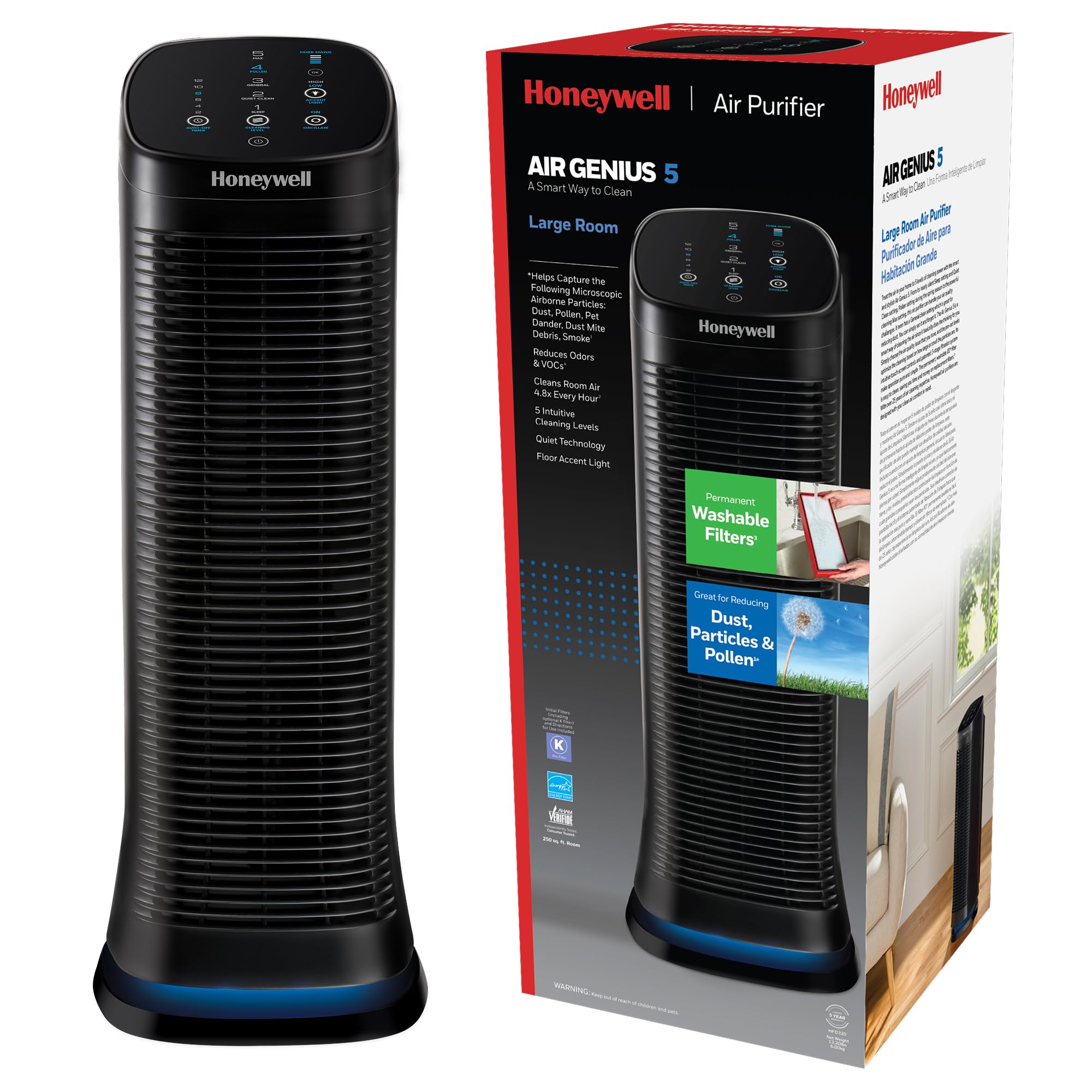 Honeywell Air Genius 5 Air Purifier for Large Rooms up to 1200 Ft², Permanent Washable Filters, Reduces Dust, Pollen, Pet Dander, Odors, Smoke, Black, HFD320