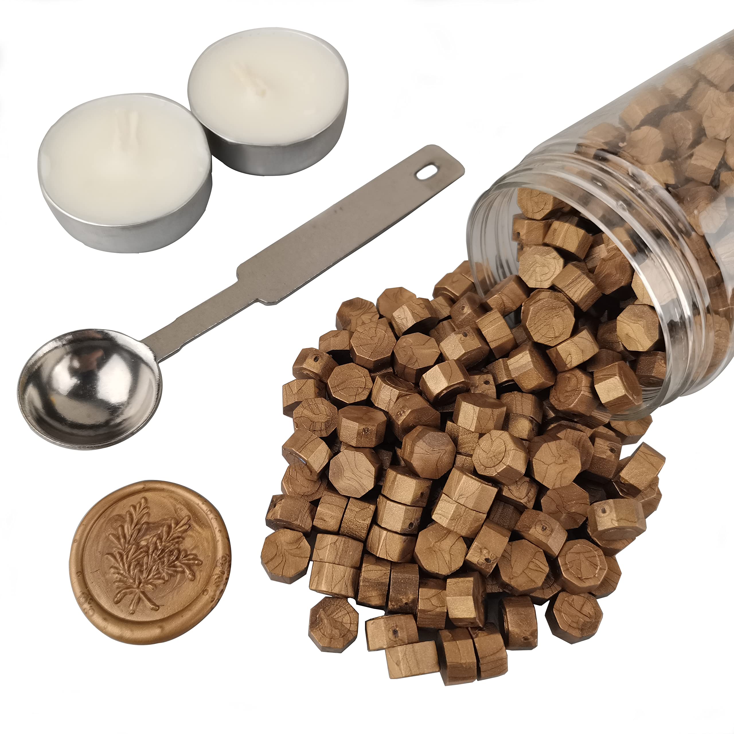 Sealing Wax Beads, AMTOL 300 Pcs Wax Sealing Beads with 2 Pcs White Candles and 1 Pcs Wax Melting Spoon, Great for Wedding Invitations,Cards Envelopes, Gift Wrapping (Bronze)