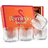 Vintage Flamingo Lowball Cocktail Glasses for Drinking Gin, Rum, Vodka, Whiskey Bar Drinks | Set of 4 | 11 oz Stackable Thick Crystal Short Tumblers | Tropical Glassware Collection