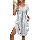 Bestshow Women's Pleated Front Loose Fit Short Sleeve Nightgowns Sleep Dress with Hand Pockets (S - 5XL)