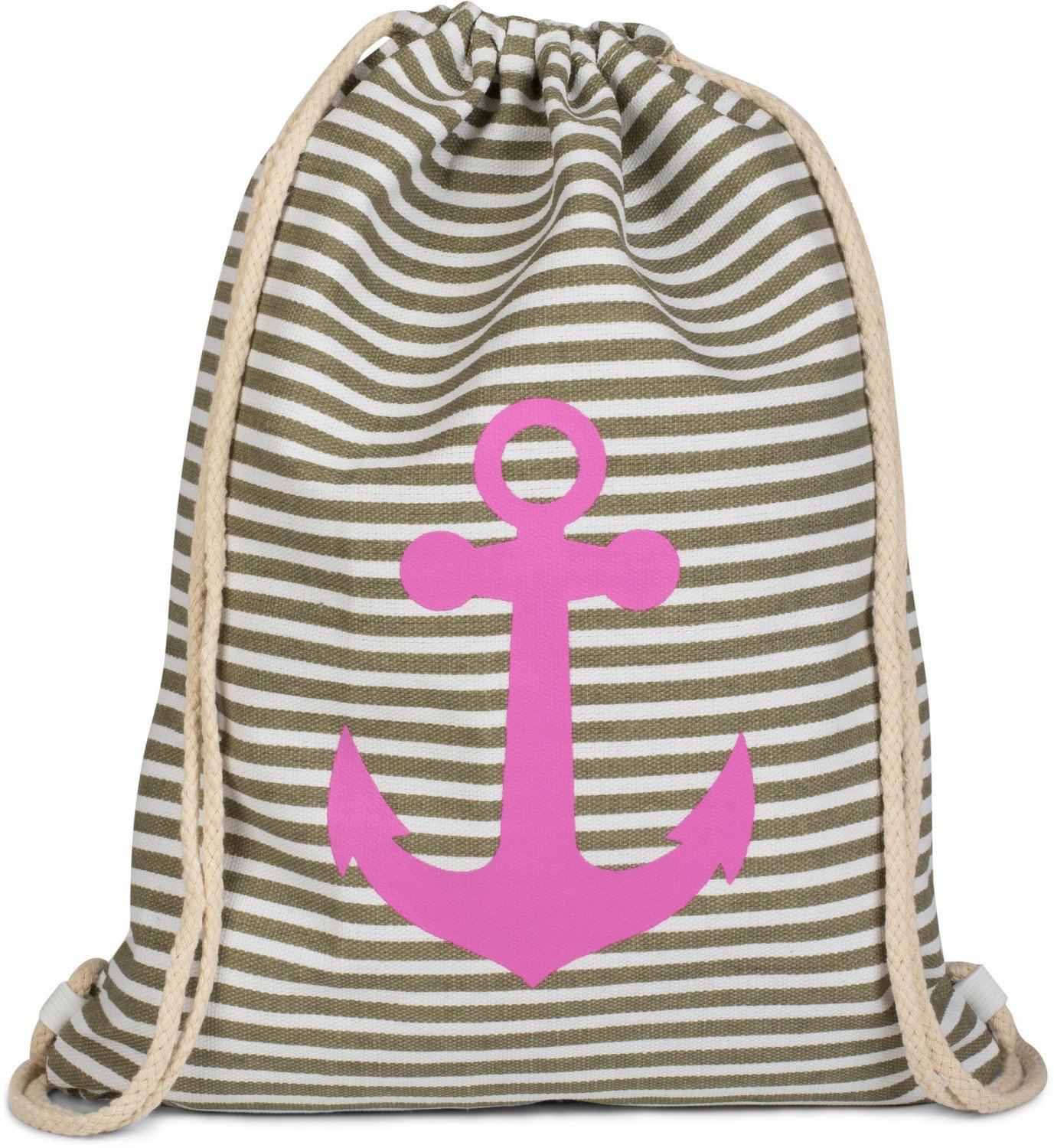 styleBREAKER maritime design gym backpack with stripes and anchor print, sports bag, unisex 02012052, color:Olive green-white/pink