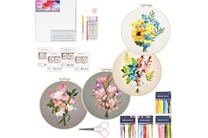 Enkor 4 Sets Embroidery Kit for Beginners Adults-Cross Stitch Kits for Beginner Easy to Learn Stitches from Instruction Video Needlepoint Kits with Stamped Embroidery Pattern-New Flowers F4