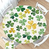 St Patricks Day Round Fitted Tablecloth with Elastic Green Gold Shamrock Clover Circle Table Cover for 40-44" Tables Spring Floral Stretch Waterproof Washable Table Cloth for Party Picnic Dining Decor