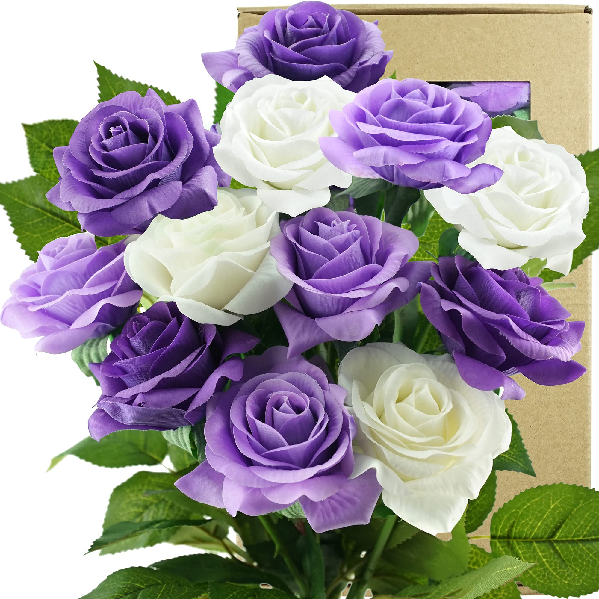 FiveSeasonStuff Real Touch Silk Roses - 12 Stems, 'Petals Feel and Look like Fresh Roses', Bouquet of Flowers (Light Purple | White)