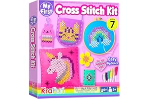 KRAFUN Kit de broderie au point de croix pour enfants - 6 projets faciles de porte-clés en feutre, sac, oreiller, instruction