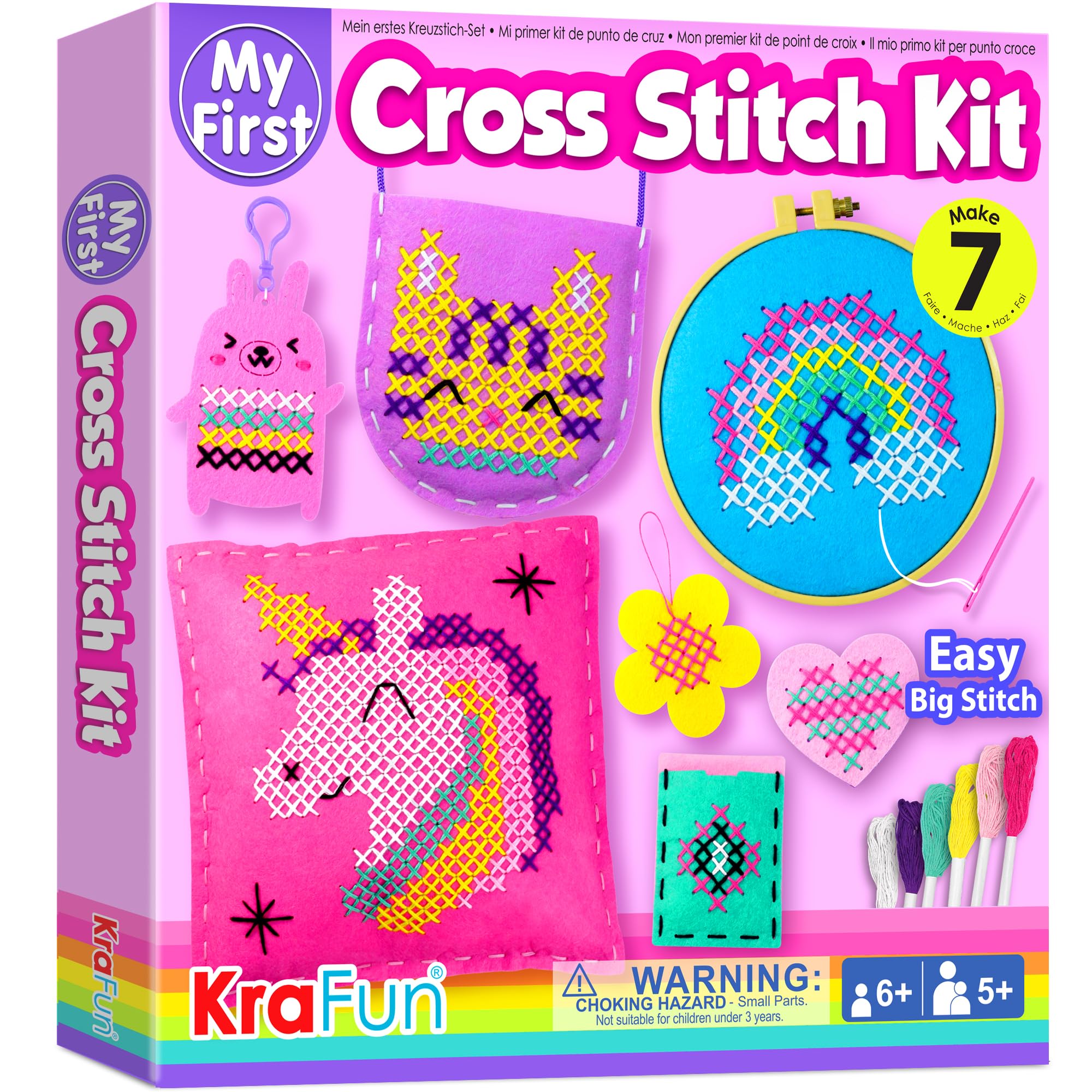 KRAFUN My First Cross Stitch Kit for Kids Ages 5-12, 6 Beginner Arts & Crafts Projects with Keyring, Bag, Pillow, Instructions, Felt Materials, Educational Gift for Girls & Boys, Learn Embroidery — image 1