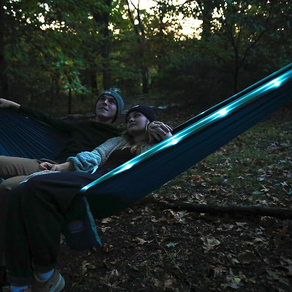 EQUIP OUTDOORS PORTABLE CAMPING ILLUMINATED HAMMOCK, HANGING KIT INCLUDED, TWO PERSON LIGHT UP HAMMOCK, BLUE, 124” L X 77” W (99554)