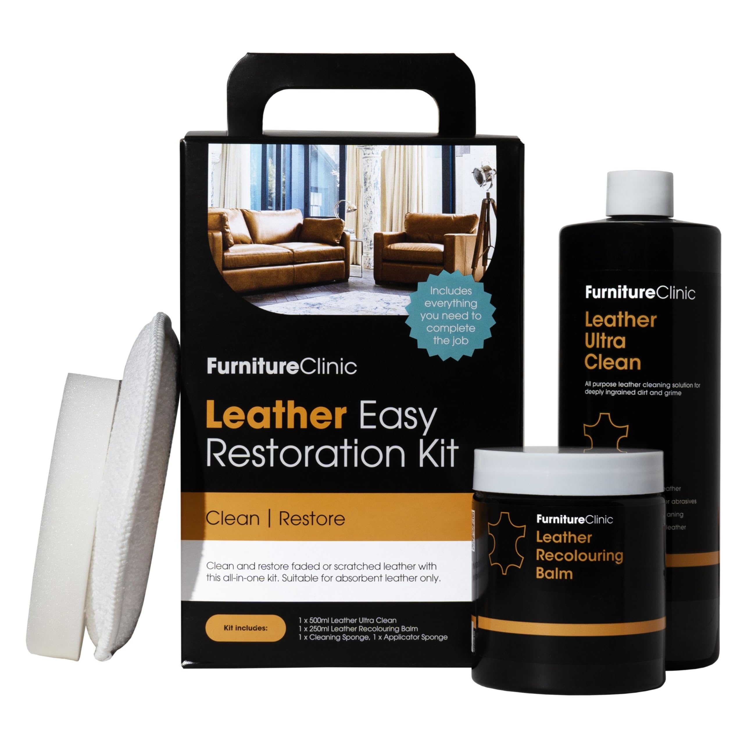 Furniture Clinic Easy Leather Restoration Kit (Medium Brown) | Includes Recolouring Balm, Ultra Clean, Sponge & Cloth for Furniture, Car Seats, Shoes & Bags