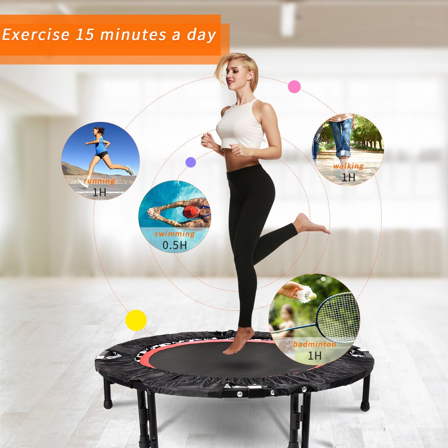 Bluefringe Foldable Mini Trampoline with Safety Pad Adjustable Handle Bar Portable Rebounder for Exercise Fitness Cardio Workout Training Adults Kids(Max Load 300lbs)