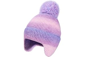 KDVOG Kids Winter Hat with Ear Flaps, Toddler Boys Girls Fleece Lined Knit Beanie Colorful Pattern Pom Pom Ski Cap for 2-10Y