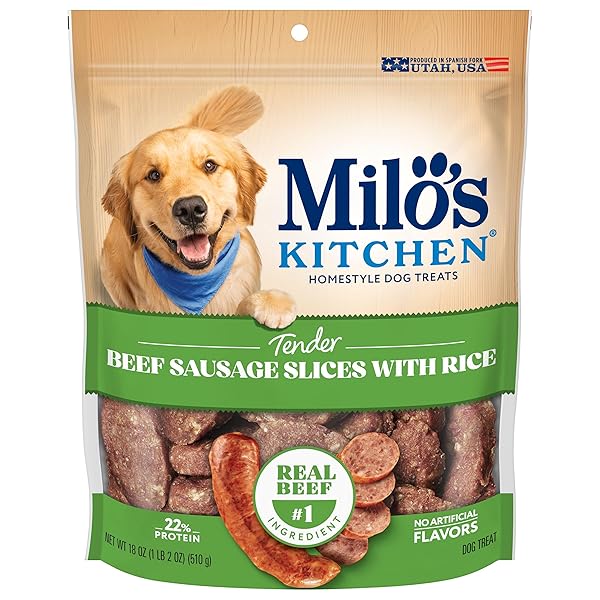 MILO’S KITCHEN BEEF SAUSAGE SLICES WITH RICE DOG...