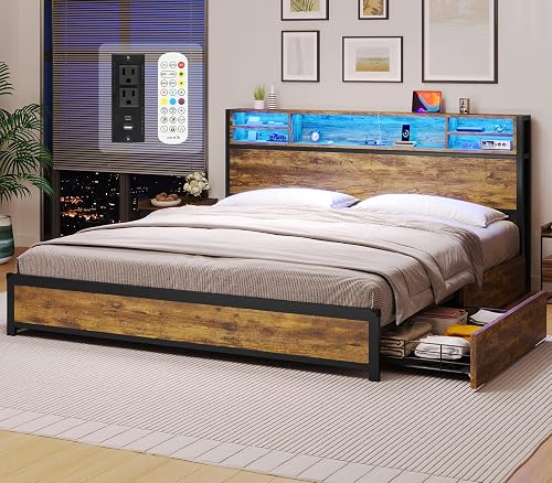 BTHFST King Bed Frame with Storage Drawers & Bookcase Headboard, Power ...