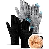 Janmercy 2 Pairs Winter Gloves for Women Men Touchscreen Fingers Chenille Knit Thick Fleece Lined Warm for Cold Weather