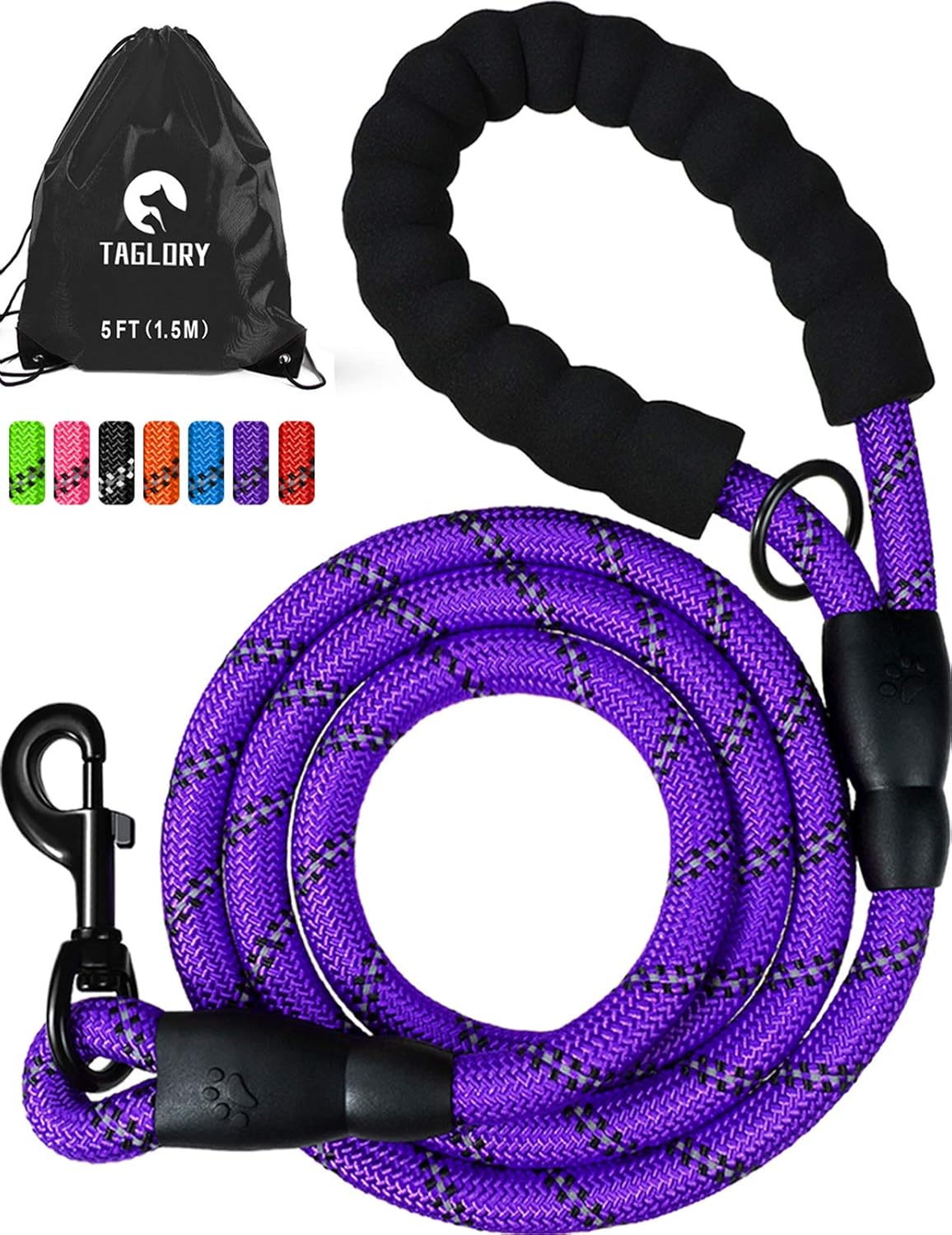 Taglory Rope Dog Lead with Soft Padded Handle, 1.5 m Reflective Lead and Multi-Colour for Medium Large Dogs 1.2 cm, Purple