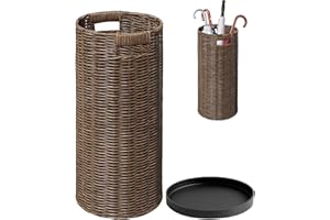 Verssure Rattan Umbrella Holder 20.8" H X 10" D,Handmade Wicker Umbrella Stand Indoor with Dip Tray,Sturdy Umbrella Holders for Entryway,Umbrella Bucket Fits Mudroom,Walking Canes,Home,Office (Brown)