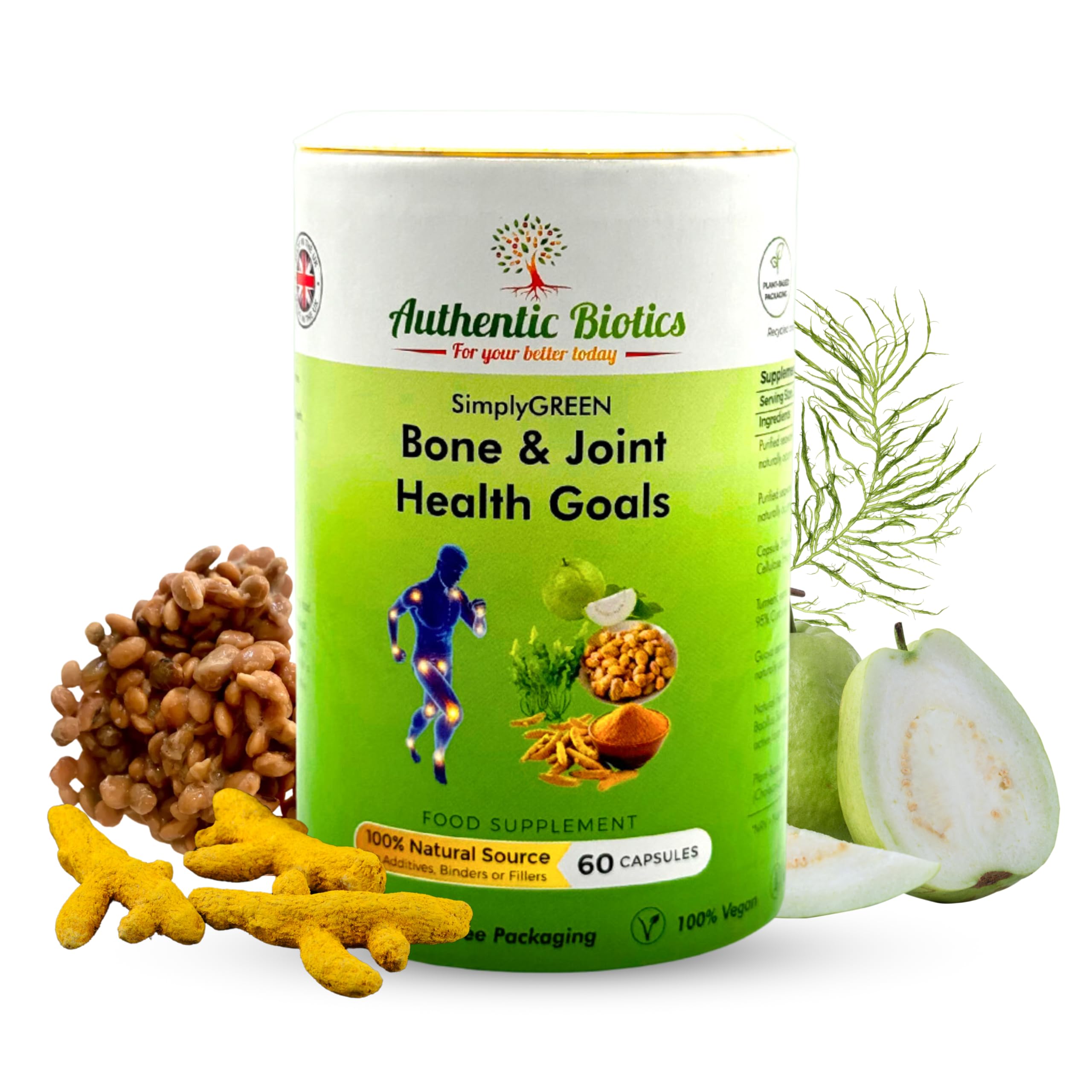 Authentic Biotics Vegan Joint Support – 60 Capsules with Calcium, Magnesium, Zinc, Vitamin D3, K2 & Turmeric – Multivitamin for Bone Strength, Muscle Function, Mobility & Flexibility – Men & Women