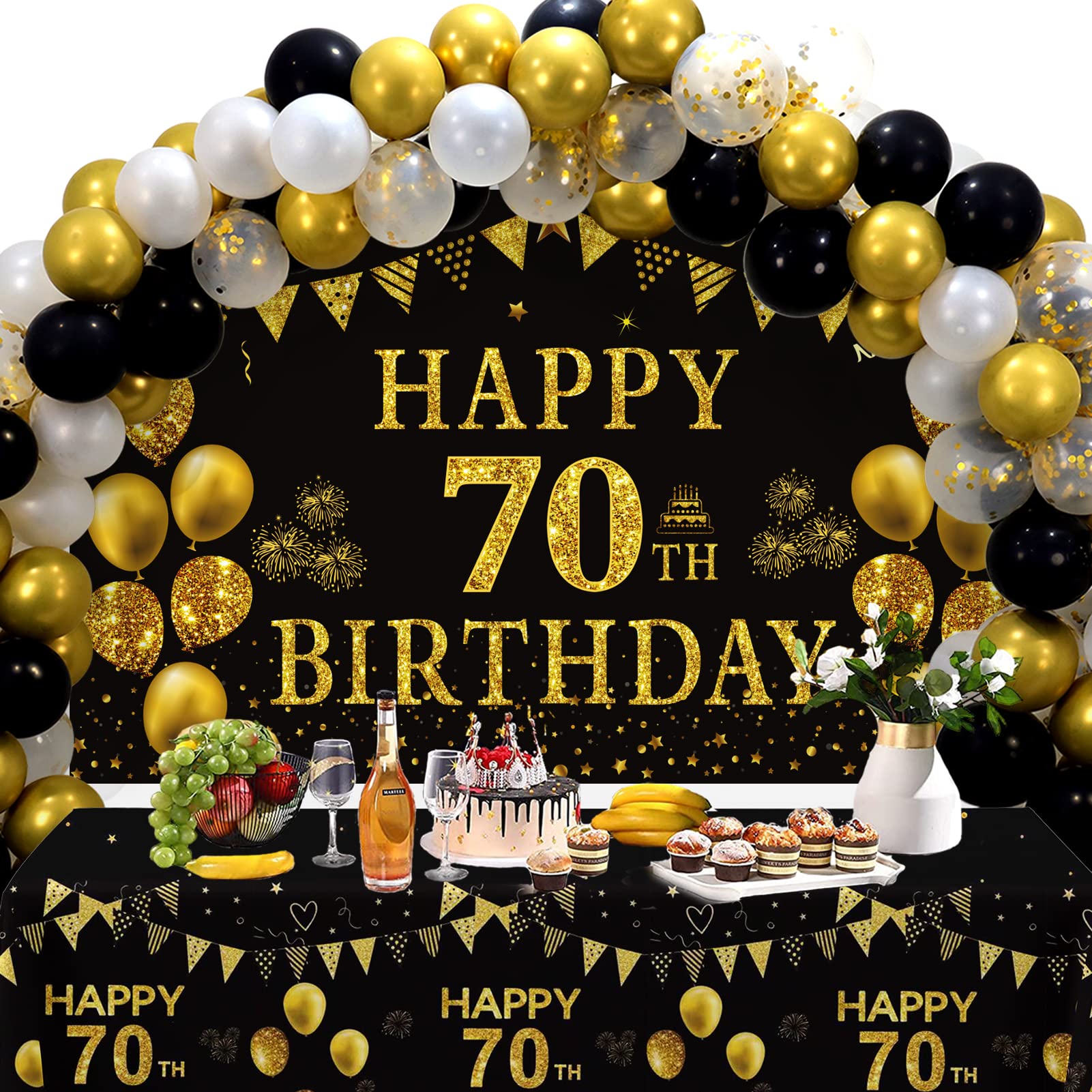 Photo 1 of Trgowaul 70th Birthday Decorations - Black Gold Happy 70 Birthday Backdrop Banner, 2 Pcs Tablecloth, 60 Pcs Latex Confetti Balloons, 70 Years Old Party Supplies