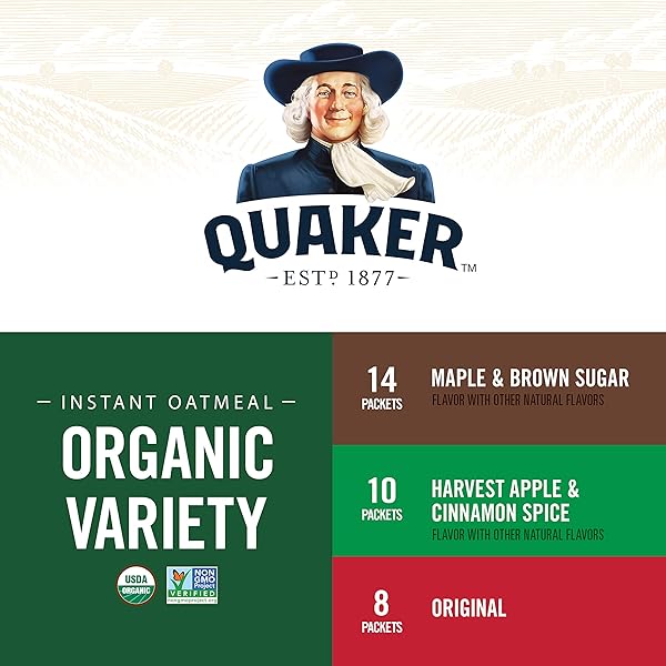 QUAKER INSTANT OATMEAL, USDA ORGANIC, NON-GMO PROJECT VERIFIED, 3 FLAVOR VARIETY PACK, INDIVIDUAL PACKETS, 32 COUNT (PACK OF 1)