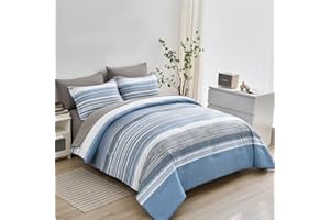 KAKIJUMN 7 Piece Bed in a Bag Stripe Comforter Set Full Size, White Grey Blue Striped Comforter and Sheet Set, All Season Soft Microfiber Complete Bedding Set(Light Blue,Full)