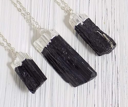 Amazon Com Raw Black Tourmaline Necklace Silver Boho Layer G9 155 Handmade
