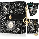 Jogjam Sun and Moon Rfid Women Wallet, Small Slim Thin Credit Card Wallet, PU Leather Bifold Cash Zipper Coin Pocket ID Window for Female Ladies Teen Girls Girly
