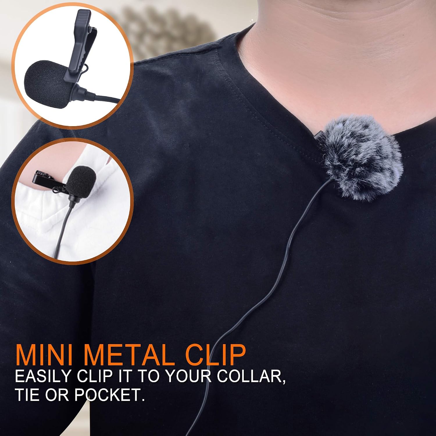 Person wearing COMICA CVM-V02C microphone clipped to collar.