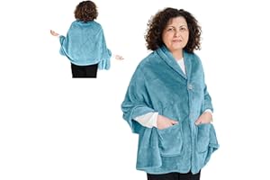 EzrAllora Fleece Poncho Blanket -No Sleeves- Lightweight Warm Wrap Shawl - Wearable Blanket - Lap Blanket - Gift for Grandma (100% Fleece, Royal Sky)