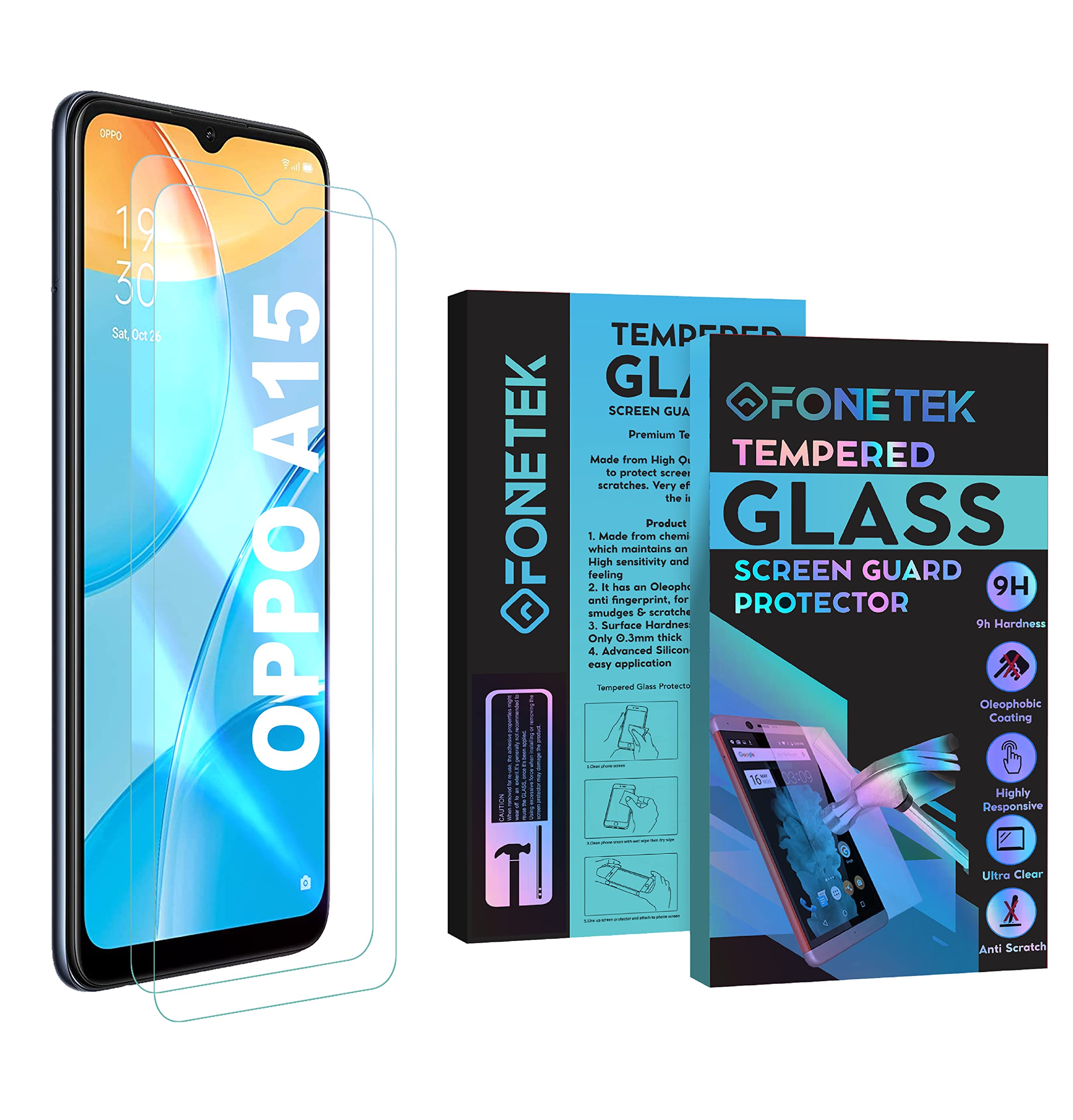 Fonetek® Pack of 2, To Fit OPPO A15, TEMPERED GLASS Screen Protector LCD Guard Case Cover for OPPO A15 [9H Hardness] [Crystal-Clear] [Scratch-Resistant] [Bubble-Free]