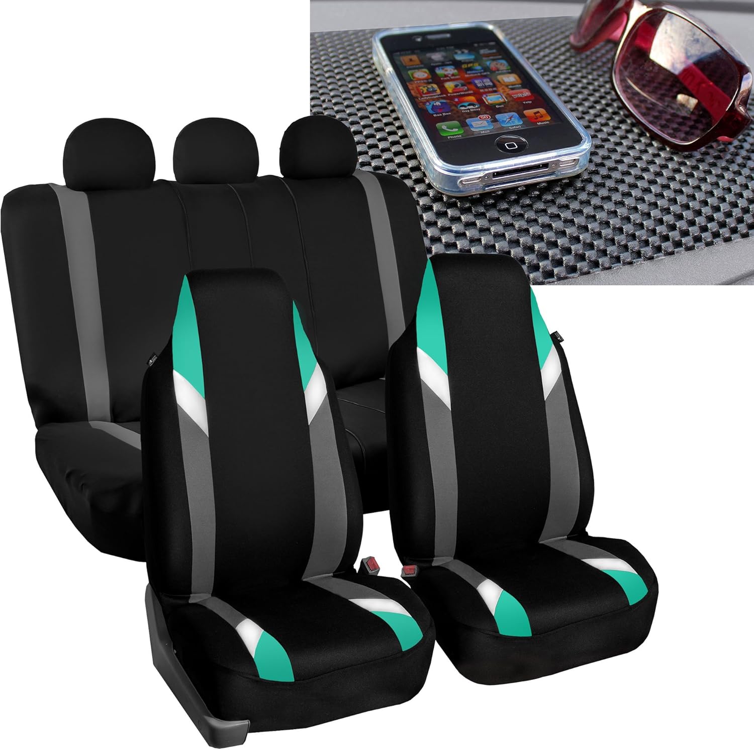 FH Group FB133115 Full Set Premium Modernistic Seat Covers Mint/Black with FH1002 Non-Slip Dash Pad- Fit Most Car, Truck, SUV, or Van