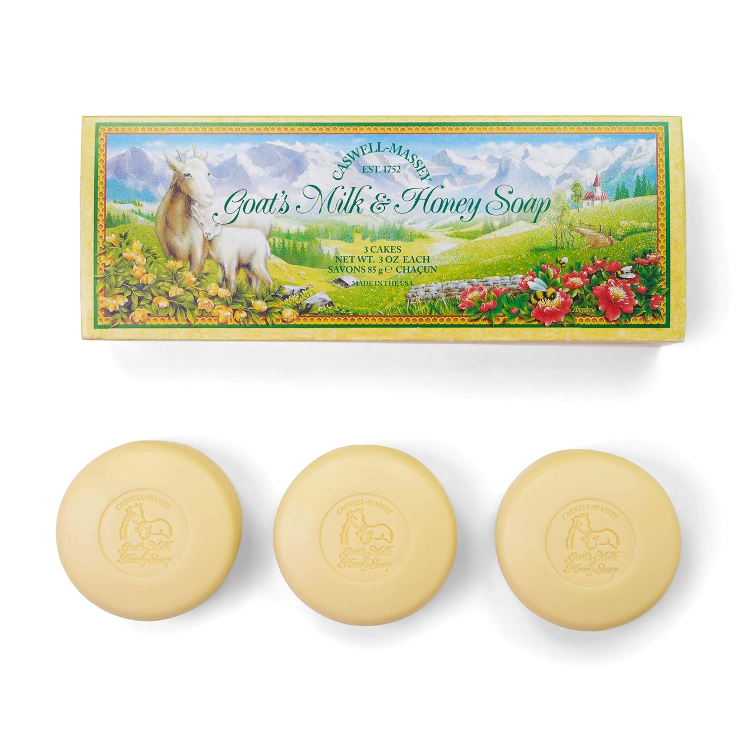 Caswell-Massey Goat's Milk & Honey Bath Soap Bars – Natural Creamy Formula With Vitamins and Mineral Salts – 3 Pack