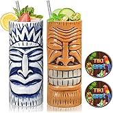 Tiki Ceramic Mugs Set of 2 Hawaiian Glasses with Coaster 15oz Handcrafted Unique Design for Parties
