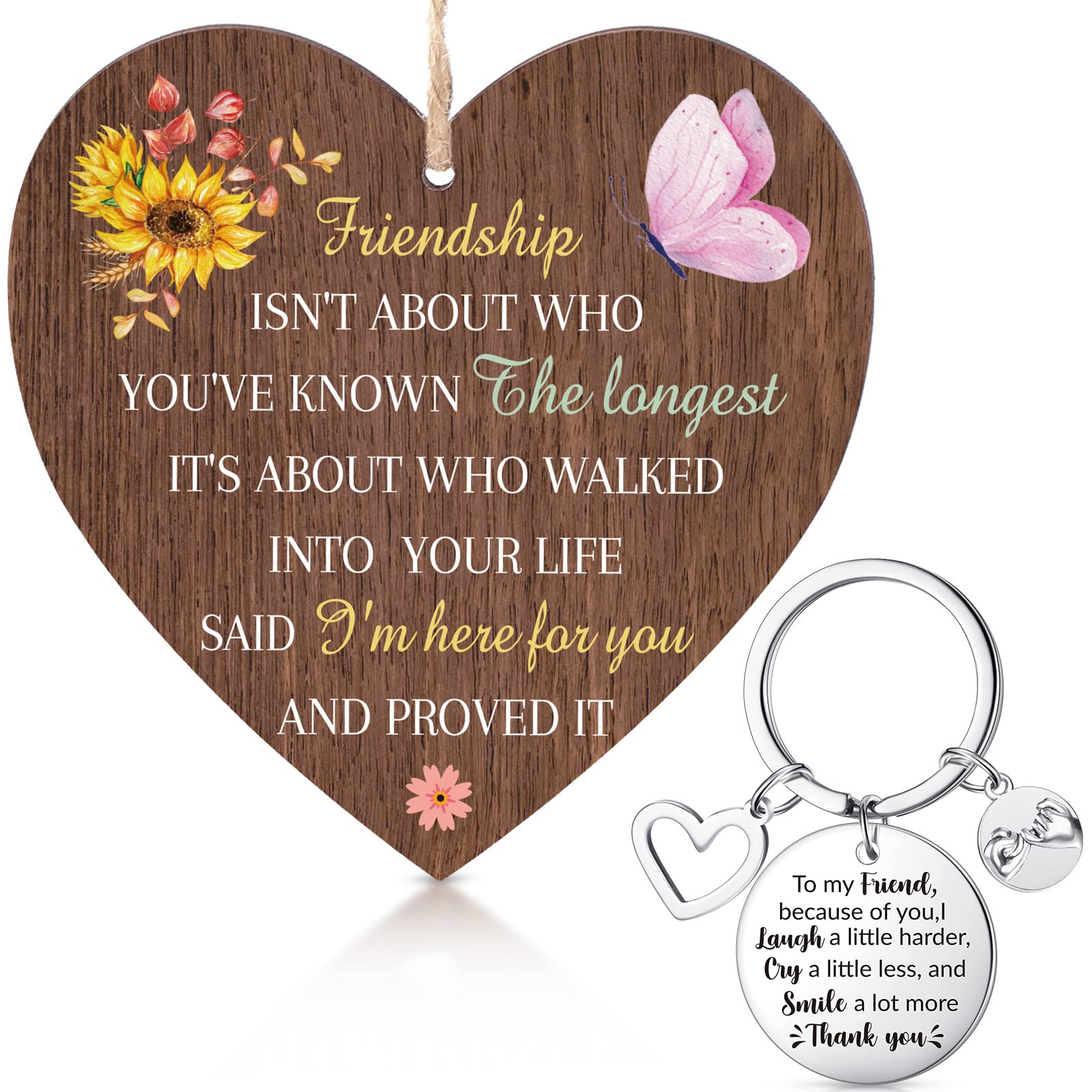 Herdear Gifts for Best Friends Including Best Friends Keychain and Hanging Wooden Heart Sign Plaque Metal Keyring with Memorial Quote Novelty Friendship Gifts for Women(Sunflower, Butterfly)