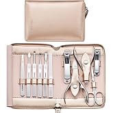 FAMILIFE Stainless Steel Manicure Set 11-in-1 Professional Nail Clipper Kit | Portable Leather Travel Case, Pedicure &amp; Grooming Tools for Fingernails &amp; Toenails, Luxury Gifts for Men &amp; Women, Rose Gold
