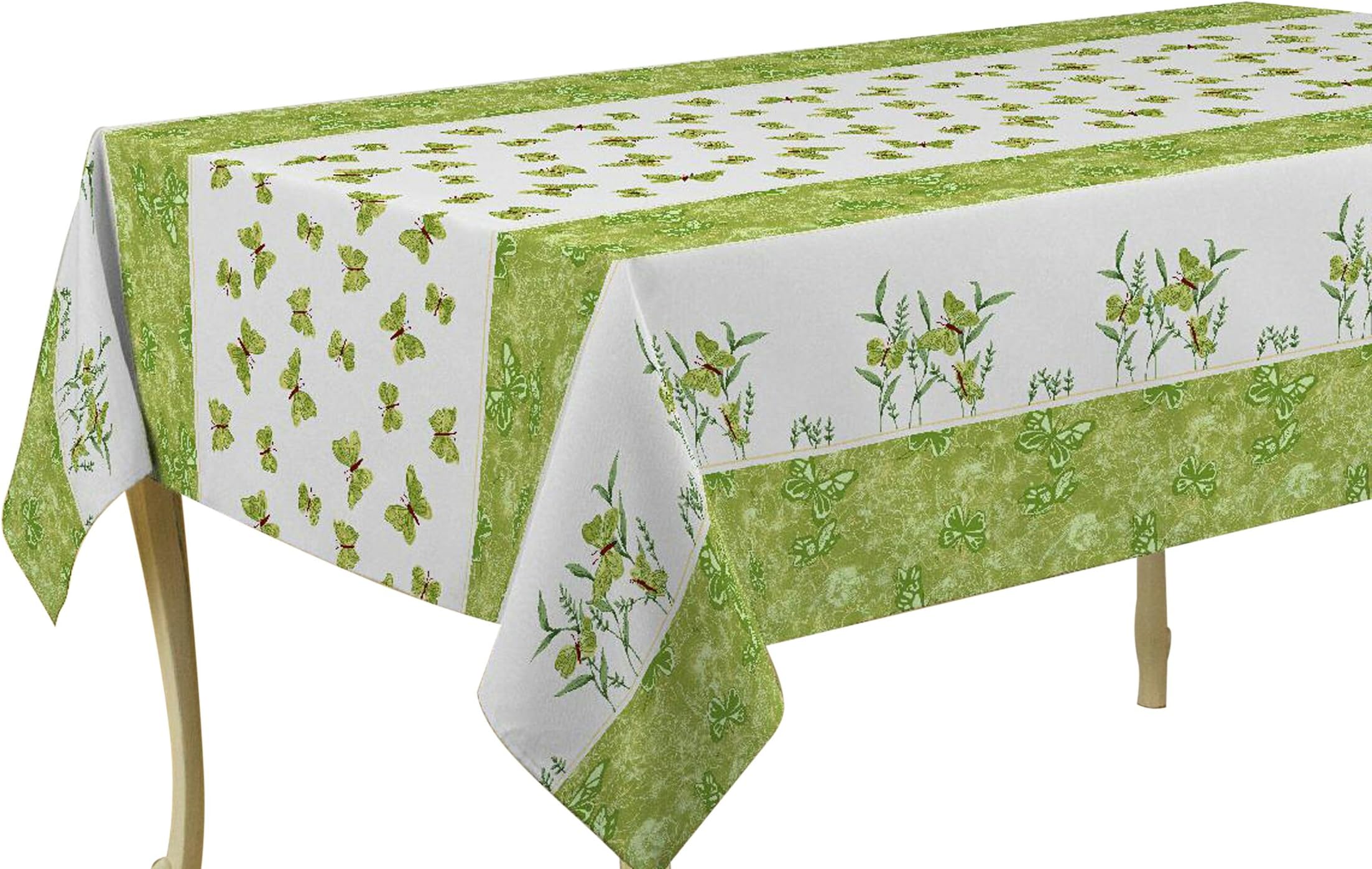 60 x 95-Inch Rectangular Tablecloth Green Summer Flower and Butterfly, Stain Resistant, Washable, Liquid Spills bead up, Seats 8 to 10 People (Other Size: 63-Inch Round, 60x80-Inch, 60x120-Inch)