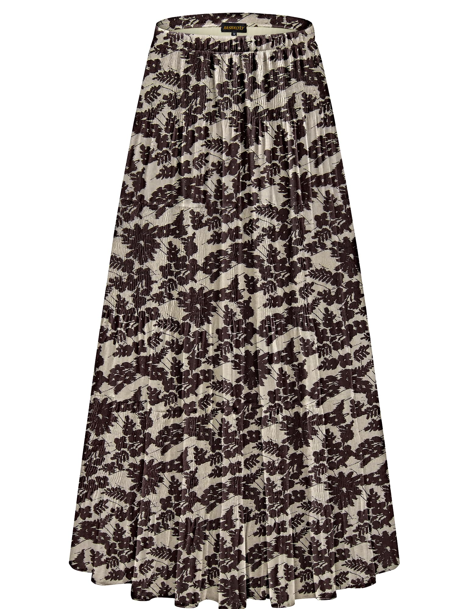 NASHALYLY Women's Chiffon Elastic High Waist Pleated A-Line Flared Maxi Skirts(Apricot Brown Floral,S) Image