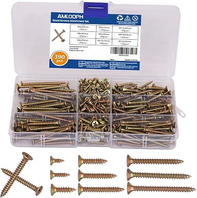 AMLOOPH Wood Screws Assortment 390pcs Mixed Self Tapping Countersunk Zinc Plated